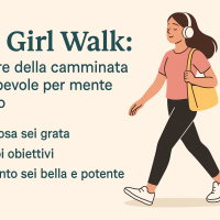 Donna che cammina con cuffie e borsa gialla accanto al testo “Hot Girl Walk: il potere della camminata consapevole per mente e corpo”
