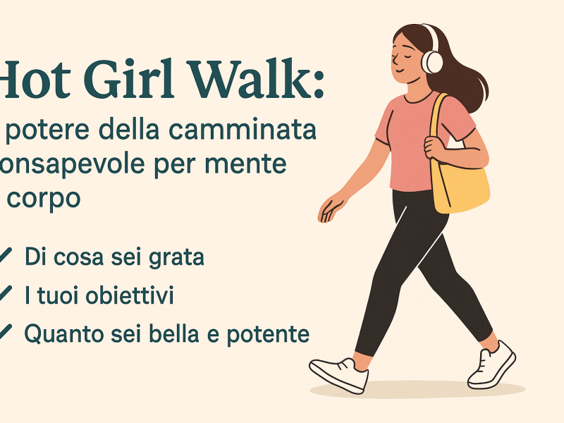 Donna che cammina con cuffie e borsa gialla accanto al testo “Hot Girl Walk: il potere della camminata consapevole per mente e corpo”