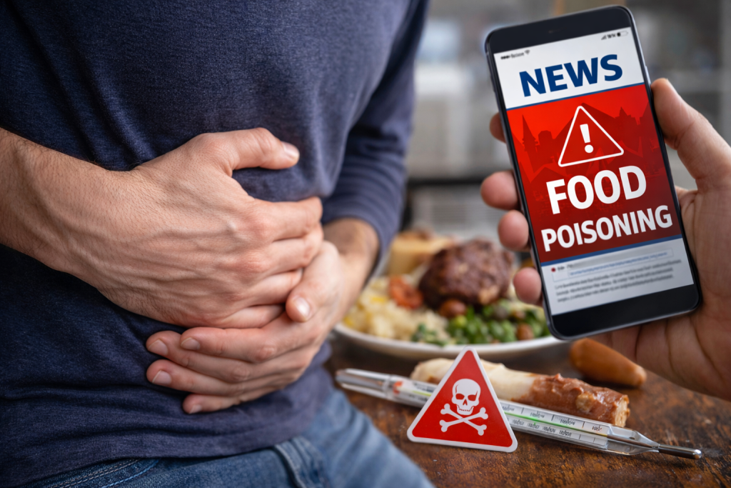 l'immagine mostra un uomo con il mal di pancia a seguito di un'intossicazione alimentare