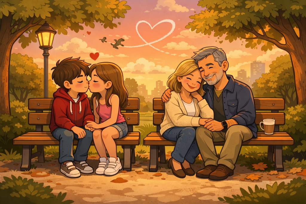 due coppie al parco al tramonto, una in adolescenza e una in età adulta. l'amore cambia forma a san valentino