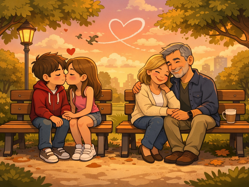 due coppie al parco al tramonto, una in adolescenza e una in età adulta. l'amore cambia forma a san valentino