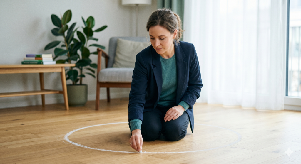 donna accovacciata che disegna un cerchio attorno a se stessa con un gessetto bianco