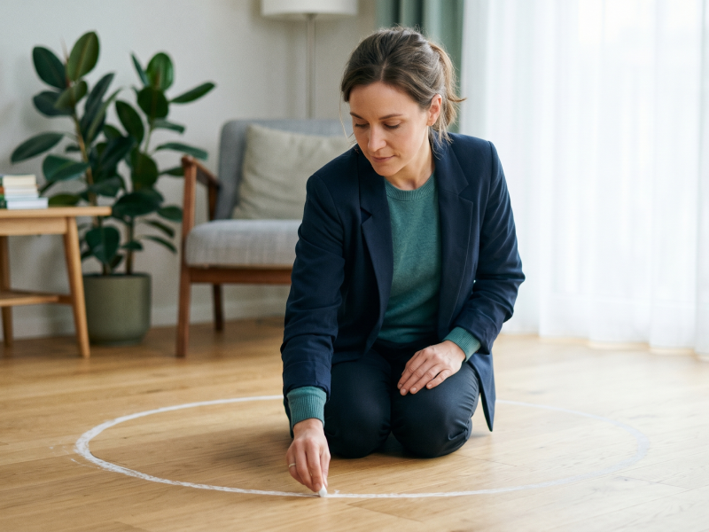 donna accovacciata che disegna un cerchio attorno a se stessa con un gessetto bianco