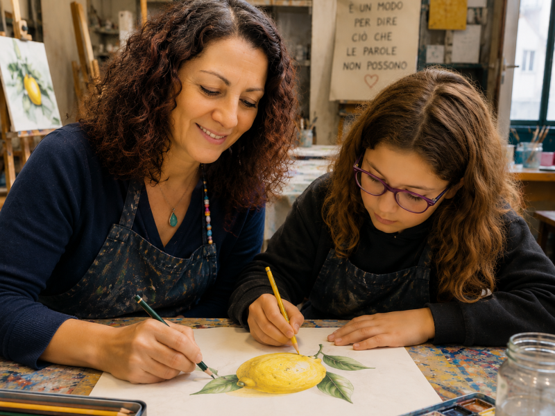 la pscicoterapeuta e la paziente disegnano insieme un limone su un grande foglio bianco